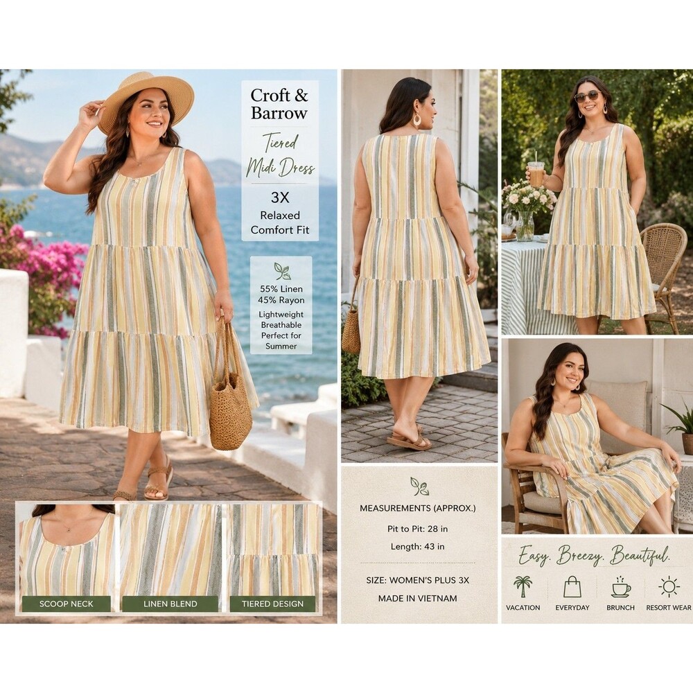 Croft&Barrow Linen Blend Tiered Midi Sleeveless Dress Women 3X Cottagecore Flowy